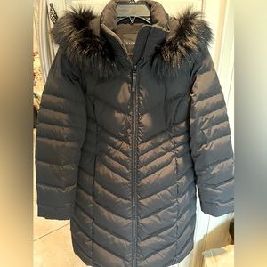 Talbots Fur Hooded Long Down Puffer Coat Womens S Black